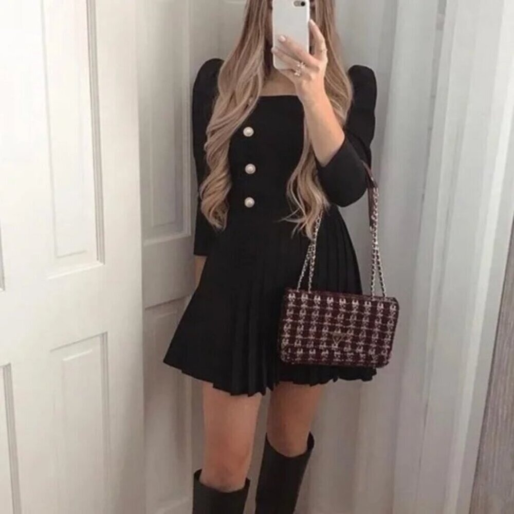 Zara Box Pleat Blazer Dress With Pearl Buttons Black Size Medium
